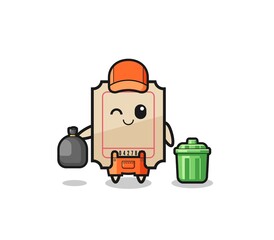 the mascot of cute ticket as garbage collector