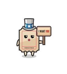 ticket cartoon as uncle Sam holding the banner I want you