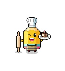 pencil as pastry chef mascot hold rolling pin