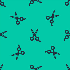 Blue line Scissors hairdresser icon isolated seamless pattern on green background. Hairdresser, fashion salon and barber sign. Barbershop symbol. Vector