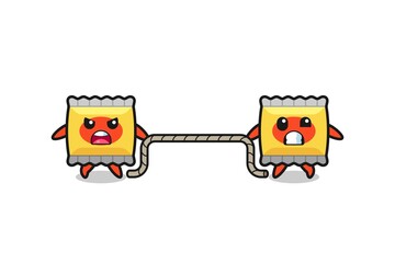 cute snack character is playing tug of war game