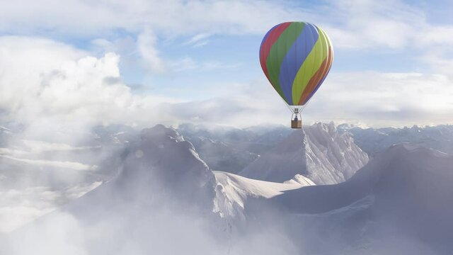 Dramatic Mountain Landscape covered in clouds and Hot Air Balloon Flying. 3d Rendering Adventure Dream Concept Artwork. Aerial Image from British Columbia, Canada. Cloudy Sky. Animation