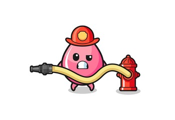strawberry juice drop cartoon as firefighter mascot with water hose