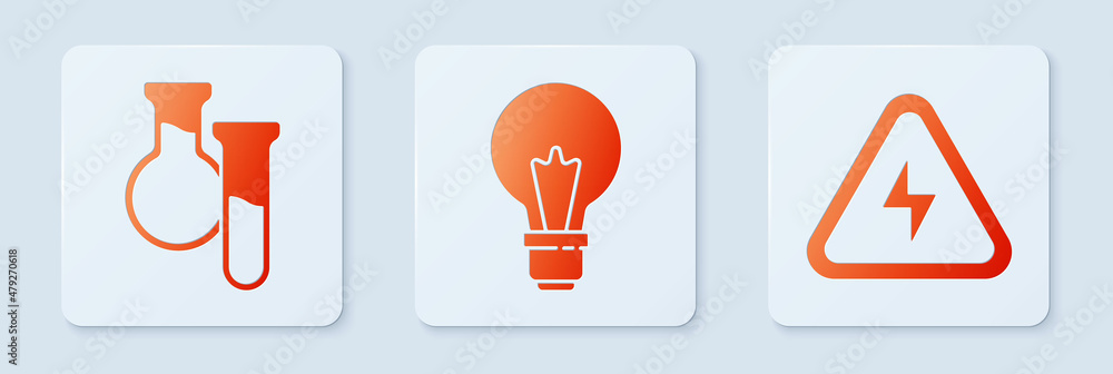 Poster set light bulb with concept of idea, test tube and flask and high voltage. white square button. vect