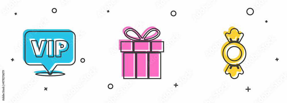 Poster Set Location Vip, Gift box and Candy icon. Vector