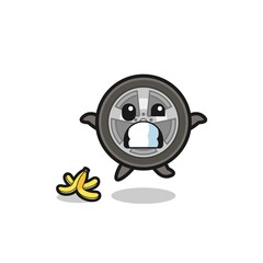car wheel cartoon is slip on a banana peel