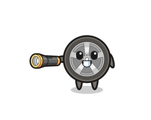 car wheel mascot holding flashlight