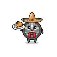 car wheel Mexican chef mascot holding a taco