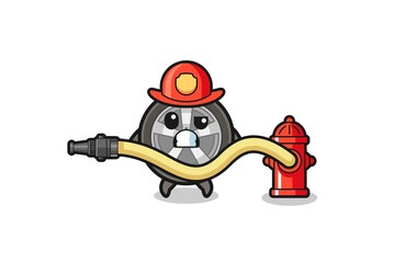 car wheel cartoon as firefighter mascot with water hose