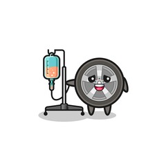 cute car wheel character standing with infusion pole