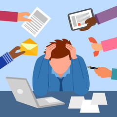 Businessman work hard and busy at office in flat design. Company employee working overtime with stress. - obrazy, fototapety, plakaty