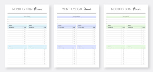 Monthly Goal Planner Template Set. Set of Goals Planner Template Design. Minimalist planner template set collection.