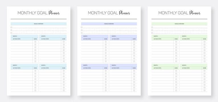 Monthly Goal Planner Template Set. Set of Goals Planner Template Design. Minimalist planner template set collection.