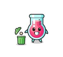 illustration of the laboratory beaker throwing garbage in the trash can