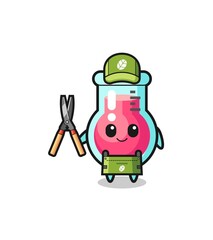 cute laboratory beaker as gardener mascot