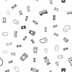Fototapeta premium Set Sushi on cutting board, Candy, Steak meat and Coffee cup to go on seamless pattern. Vector