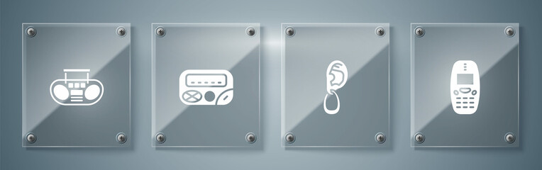 Set Old mobile phone, Ear with earring, Pager and Home stereo two speakers. Square glass panels. Vector