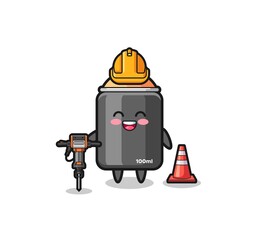 road worker mascot of spray paint holding drill machine