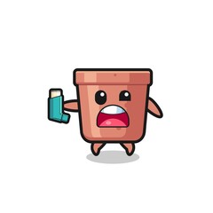 flowerpot mascot having asthma while holding the inhaler