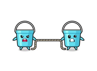 cute plastic bucket character is playing tug of war game.