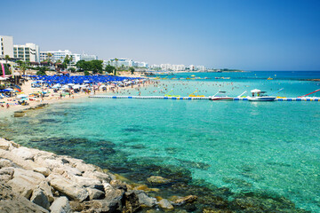 View of the beach of Fig Tree Bay, resort village of Protaras in Cyprus. Summer vacation.