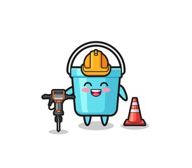 road worker mascot of plastic bucket holding drill machine.