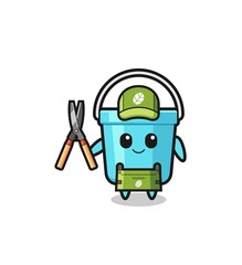 cute plastic bucket as gardener mascot.