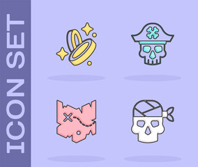 Set Pirate captain, coin, treasure map and icon. Vector
