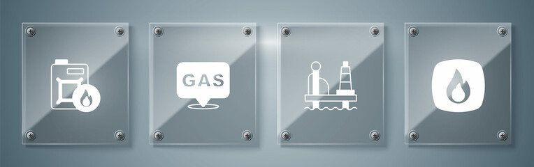 Set Fire flame, Oil platform in the sea, Location and gas station and Canister motor oil. Square glass panels. Vector