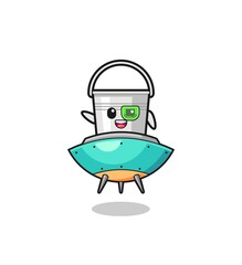 metal bucket cartoon riding a future spaceship