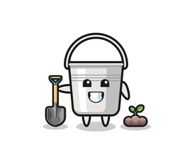 cute metal bucket cartoon is planting a tree seed