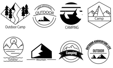 Vintage camp logo, mountain icon set. Hand drawn labels designs. Outdoor emblems. Logotypes collection. Vector art. Adventure and outdoor and camping text.