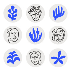 Fototapeta premium A collection of round social media highlight icons. Minimalist contemporary design of female faces representing beauty, style, and fashion. Created from hand drawn design inspired by Matisse.