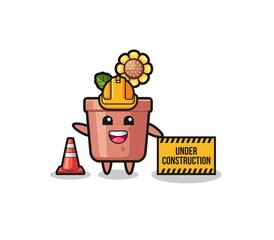 illustration of sunflower pot with under construction banner