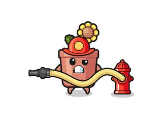 sunflower pot cartoon as firefighter mascot with water hose