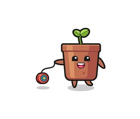 cartoon of cute plant pot playing a yoyo