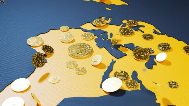 Golden bitcoins falling on the cartoon world map. Btc. Crypto. Cryptocurrency.