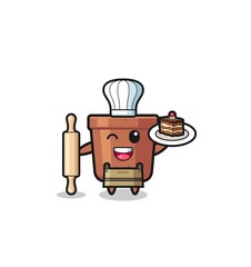 plant pot as pastry chef mascot hold rolling pin