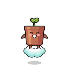 cute plant pot illustration riding a floating cloud
