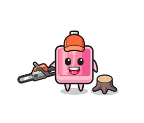 perfume lumberjack character holding a chainsaw