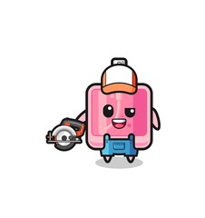 the woodworker perfume mascot holding a circular saw