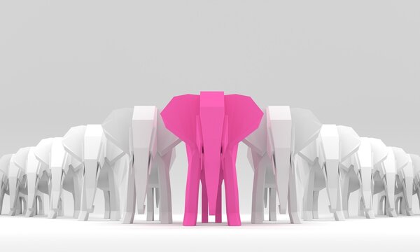 Red Elephant, Standing Out From The Crowd Of Whites. 3D Render