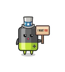 battery cartoon as uncle Sam holding the banner I want you