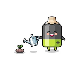 cute battery is watering plant seeds