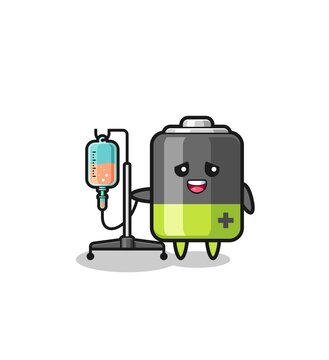 cute battery character standing with infusion pole