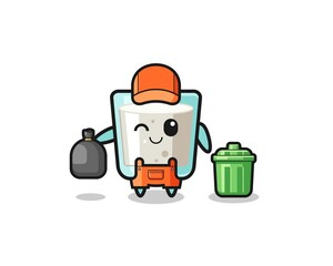 the mascot of cute milk as garbage collector