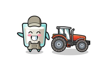 the milk farmer mascot standing beside a tractor