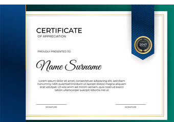 Obraz premium Professional blue green gold certificate design Template