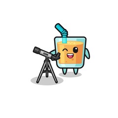 orange juice astronomer mascot with a modern telescope