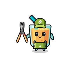 cute orange juice as gardener mascot